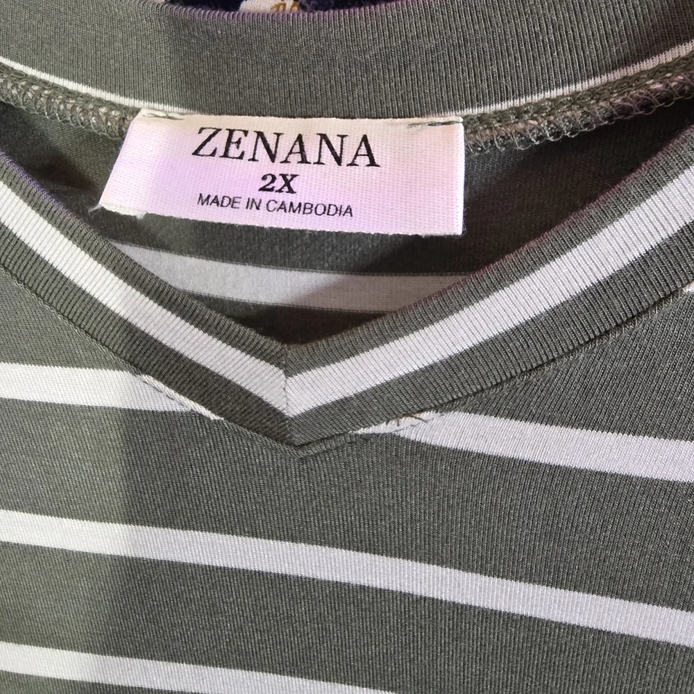 2X NEW Boutique ZENANA Olive/Wht Striped Dress VNeck 27-31.5"Ptp 39"Long 2 Pckts - Picture 6 of 11